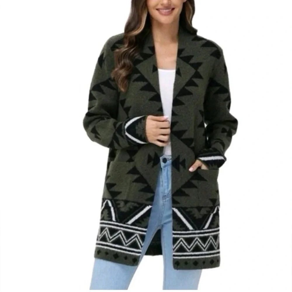 Frye Women's The Cozy Cardigan Olive Green Black
Southwest Aztec Western Size M - Picture 10 of 11